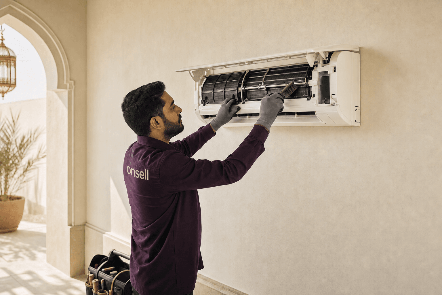 An Onsell service partner maintaining an air-conditioning unit in Doha.